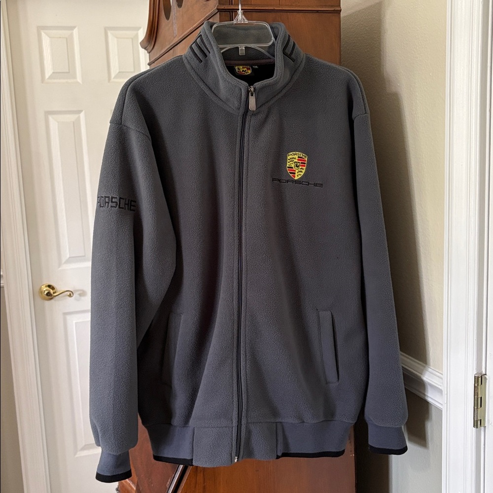 *Unisex Porsche Gray & Black Zippered Fleece Jacket Coat Sporty Cars Speed - Picture 2 of 15